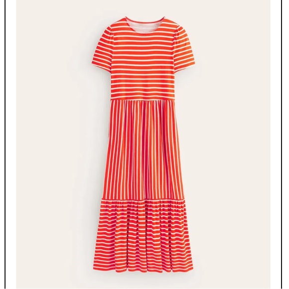 Boden Emma Tiered Jersey Midi T-Shirt Dress Red/Orange & White US 8 - Picture 3 of 9